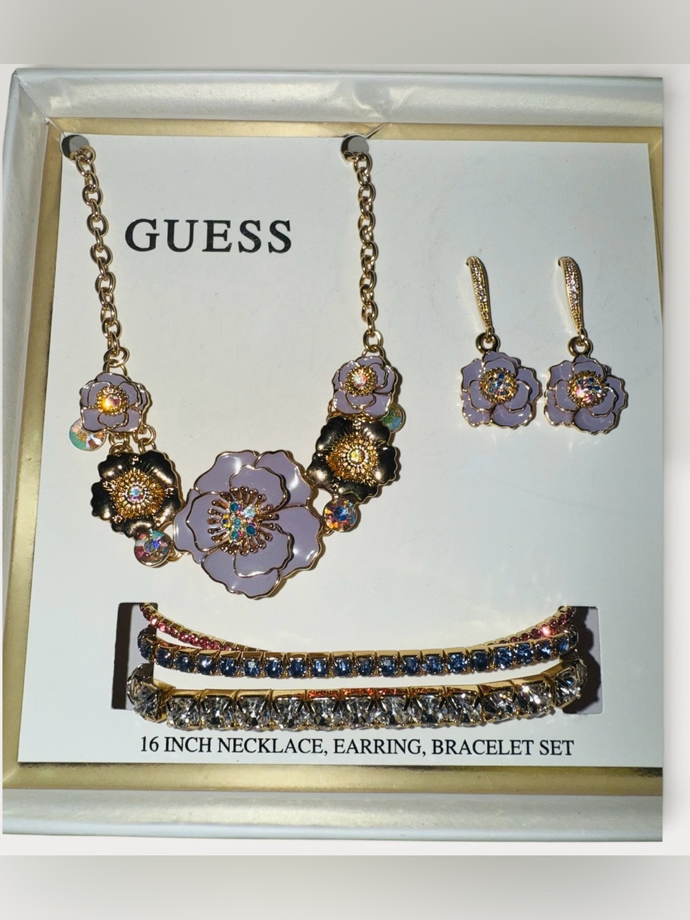Guess Gold-Tone Lavender Flower Necklace, Earrings & Bracelet Set